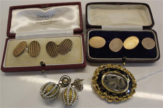 2 pairs 9ct gold cufflinks, cased, pair of seed pearl  ball earrings, marked 10K & a gilt metal mourning brooch with hairpiece